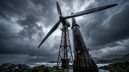 Fototapeta premium Industrial wind turbine on a rocky coast under stormy clouds