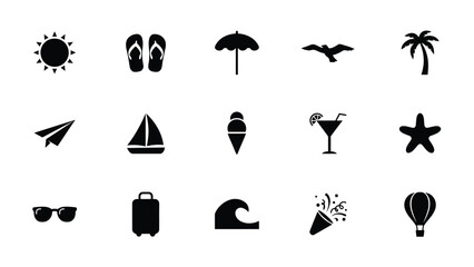 Minimalist black icons collection celebrating vacation themes and summer leisure activities with flat design style © Sourav Bairagi