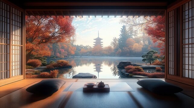 Sunlit traditional room opening onto a tranquil autumn garden with tatami floor, low cushions and tea set, calm reflective pond and distant pagoda, peaceful contemplative mood