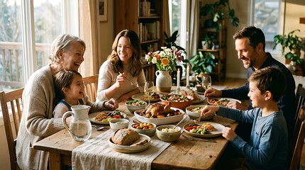 A diverse multi-generational family joyfully shares a festive Thanksgiving dinner around a wooden table, filled with abundant food and laughter