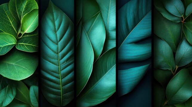 close-up of layered tropical leaves arranged in vertical panels with rich teal and green tones, pronounced veins and detailed texture conveying a serene calming mood