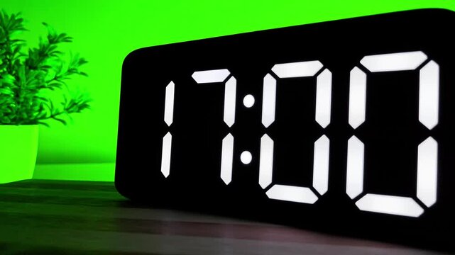 Close up of Digital LED Clock Changing Time from 16:59 to 17:00 on Green Background