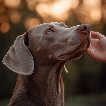 close-up portrait of a silver-gray dog looking up with a trusting, affectionate gaze as a human hand gently touches its muzzle against warm sunset bokeh