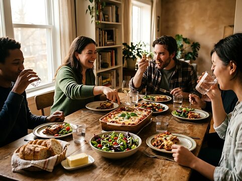 Friends and family enjoying a delicious home-cooked meal together around a wooden table, sharing food and laughter