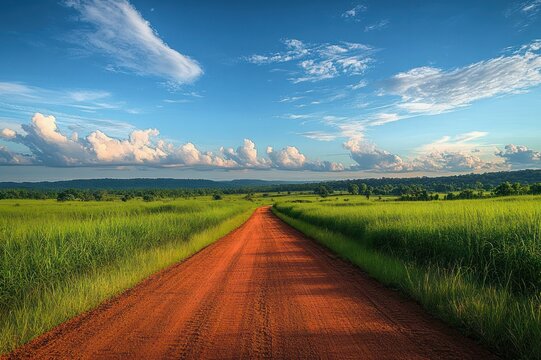 red dirt road stretching through green grasslands under a vivid blue sky with scattered clouds, conveying peaceful open-country calm