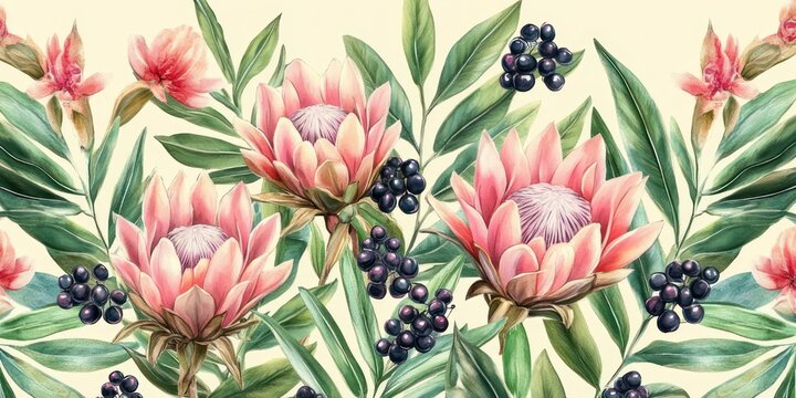 calming botanical composition of large pink protea flowers, glossy green leaves and clusters of dark purple berries on a soft cream background