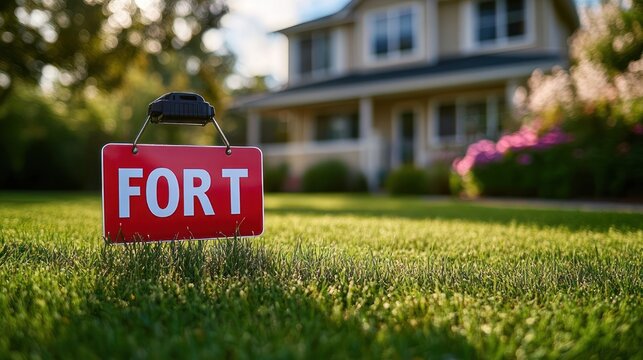Red 'FOR T' sign on a manicured green lawn in front of a blurred two-story suburban house, warm sunlight and blooming shrubs create an inviting, hopeful atmosphere