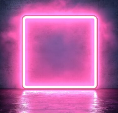 pink neon square frame glowing on a textured concrete wall with smoky pink haze and reflective wet floor, moody futuristic retro ambience
