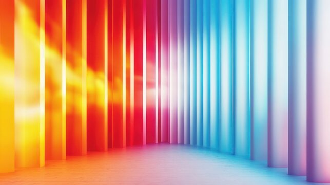 Vibrant gradient corridor of vertical glowing panels and columns, warm yellows and reds transitioning to cool blues over a reflective floor, evoking a futuristic, energetic yet serene mood
