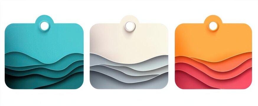 Three hanging rounded tags with layered paper-cut waves in teal, neutral gray, and warm orange-red, minimalist abstract design evoking calm and warmth