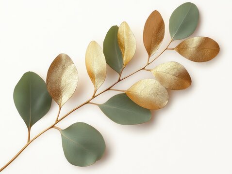green and gold eucalyptus branch with metallic gilded leaves on white background, elegant minimalist botanical still life conveying calm and refined simplicity