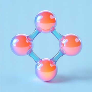 Four iridescent glass spheres linked by short transparent tubes in a floating diamond formation, glowing pastel colors and a calm futuristic mood