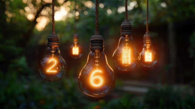 Warm glowing vintage filament light bulbs hanging outdoors with glowing numerals 2 and 6, cozy magical evening garden ambiance