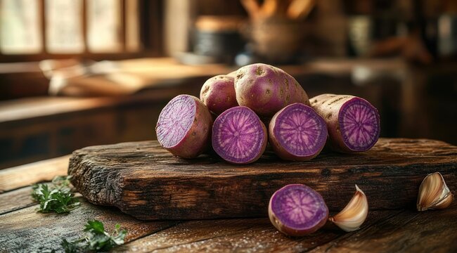 rustic still life of sliced purple-fleshed potatoes on a weathered wooden cutting board with garlic, herbs and sea salt in a warm sunlit kitchen, cozy and inviting