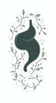 stylized dark green stomach silhouette surrounded by delicate leafy vines and scattered dots on white background, evoking calm natural healing and balanced gut wellness