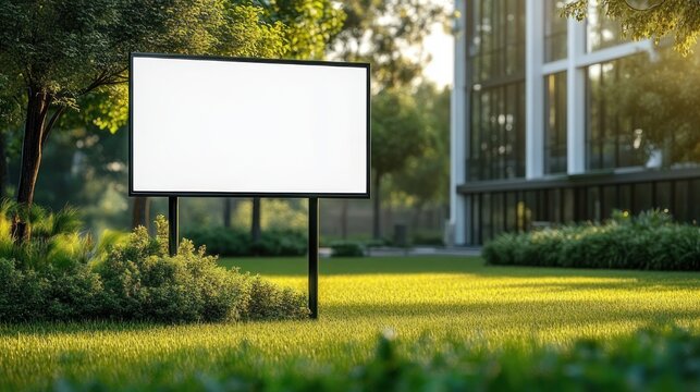 Blank outdoor billboard on a manicured lawn beside a modern glass building surrounded by trees and shrubs in warm sunlight, creating a calm and inviting urban green scene