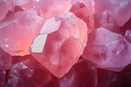 close-up view of a cluster of pink translucent crystals with rough faceted surfaces and soft luminous glow conveying serene wonder