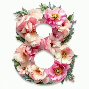 delicate floral number eight made of pink and white watercolor blossoms and green leaves, evoking romantic springtime elegance