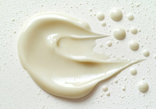smooth creamy moisturizer smear with glossy droplets on textured white surface, fresh soothing clean cosmetic texture close-up