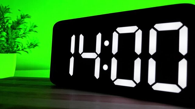 Close up of Digital LED Clock Changing Time from 13:59 to 14:00 on Green Background