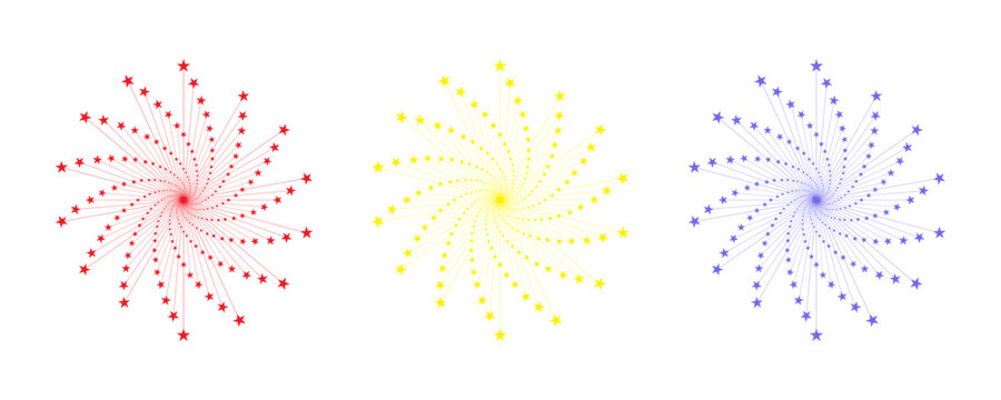 Starburst Spiral Firework Abstract Radial Star Burst Background in Red Yellow Blue, Editable Vector Set