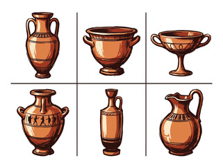 Ancient Greek And Roman Pottery Vessels Including Amphora, Krater, Kylix, And Pitcher With Intricate Black Figure Ornaments On Terracotta Surfaces, Vector Illustration © graphix
