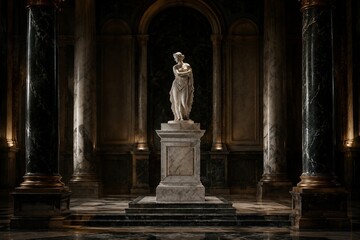 Fototapeta premium A classical statue on a marble pedestal inside a grand hall with atmospheric lighting.