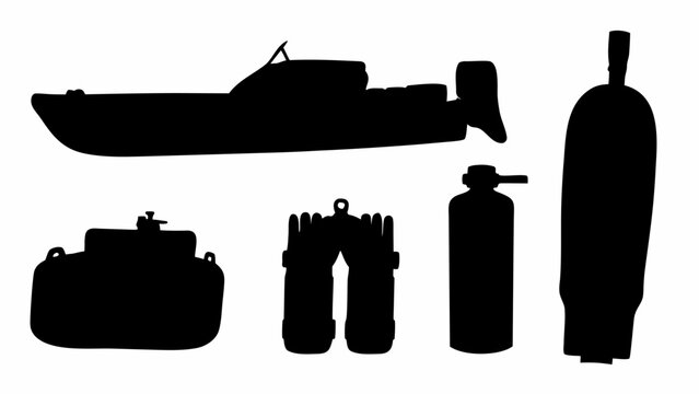Set of black silhouettes of marine equipment including a boat, life jacket, and diving gear