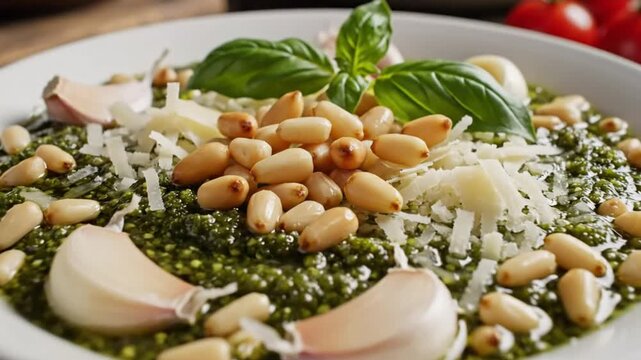 Close-up shot of basil pesto sauce in a white bowl garnished with pine nuts and cheese with other ingredients in background.