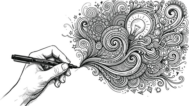 Hand drawing intricate creative doodle art with pen featuring lightbulb idea concept and abstract swirly patterns