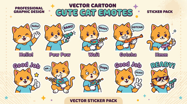 Cute Cat Emotes Sticker Pack - Vector Cartoon Kawaii Animals