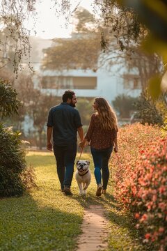 couple walking hand in hand with their bulldog on a sunlit garden path, peaceful and affectionate golden hour stroll