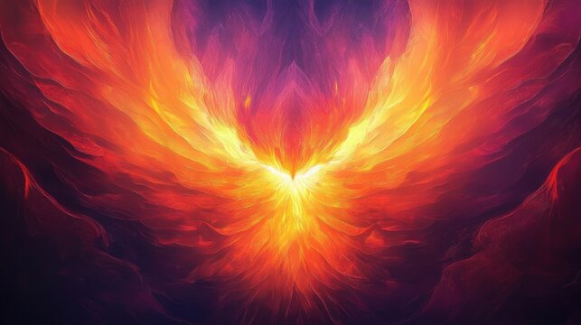 Radiant fiery winged mythical bird formed from glowing flames and embers, symmetrical orange and yellow wings against deep purple and red background, evoking rebirth and triumphant energy