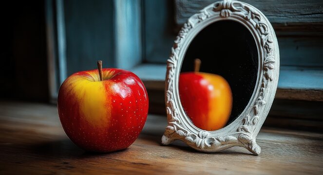 red and yellow apple on wooden table beside ornate vintage mirror reflecting the fruit, quiet nostalgic still life with warm soft light and blue background
