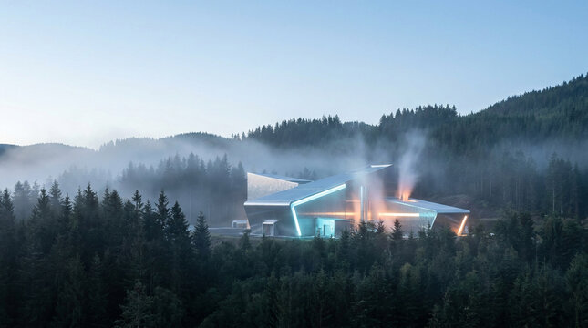 Dramatic architectural photography of a futuristic geothermal energy plant glowing softly in a misty green valley, representing alternative clean power generation.