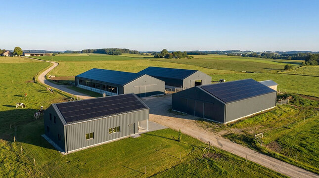 Inspiring aerial photography of a rural agricultural community perfectly harmonized with advanced clean solar technology, showcasing decentralized renewable energy.
