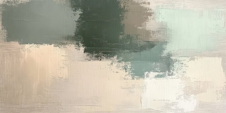 textured abstract horizontal painting with layered brush strokes in muted beige, cream, sage and teal conveying a calm, serene mood