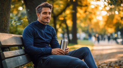 Obraz premium Man in navy tracksuit seated on wooden bench holding stainless steel water bottle, relaxed and contemplative amid golden autumn trees and sunlit park path