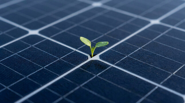 High-end macro photography of a small vibrant green sprout growing directly through a modern metallic solar panel grid, symbolizing nature and green tech harmony.