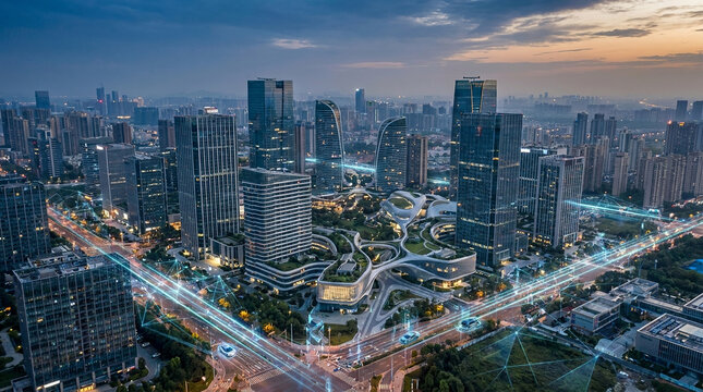 Stunning aerial photography of a futuristic smart city skyline glowing with intelligent digital networks, representing the absolute pinnacle of modern urban development.