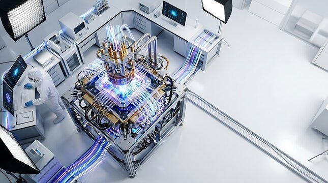 High tech quantum computing processor in modern scientific lab