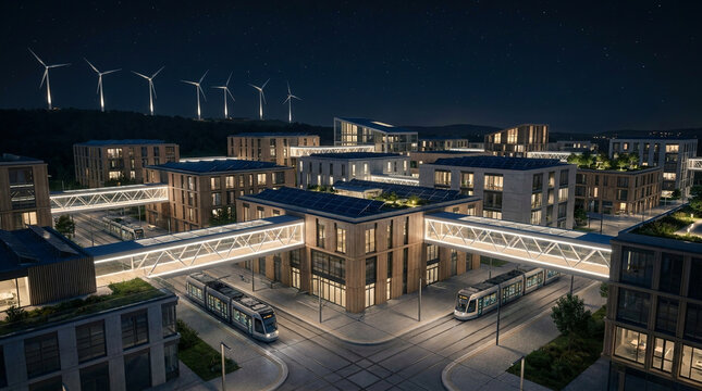 Inspiring night photography of a futuristic cityscape illuminated purely by clean renewable energy, capturing the absolute brilliance of sustainable modern living.