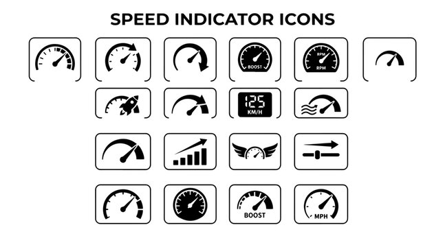 A collection of black and white speed indicator icons, including gauges, dials, and measurement symbols.