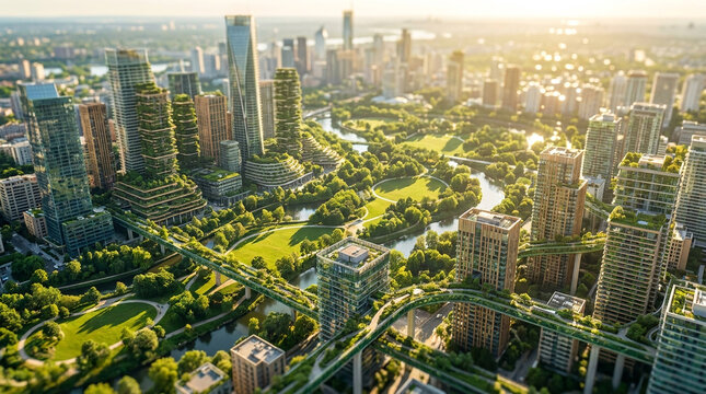 Striking landscape photography of an entire smart metropolis seamlessly integrated with beautiful natural green spaces, highlighting the perfect harmony of eco-cities.