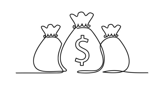 Three money bags with dollar sign continuous line art money bag business currency