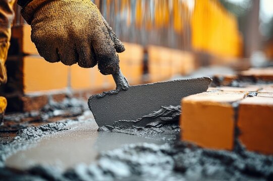 Gloved hand spreading wet mortar with a trowel between orange bricks in a close-up of focused masonry work and hands-on craftsmanship