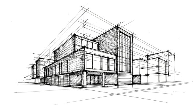 Architectural line sketch of a modern building with clean lines and geometric shapes, illustrating design concepts