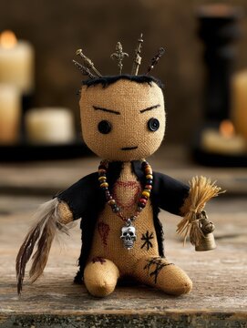 Mysterious Burlap Voodoo Doll Adorned with Pins, Skull Pendant, and Feathers on Wooden Table