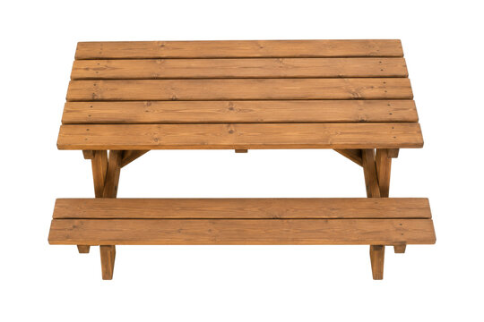 Wooden Picnic Table with Attached Bench Isolated on White Background, Top View Angle