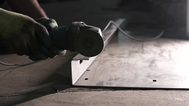 Man worker cutting matel plates with cutter machine 